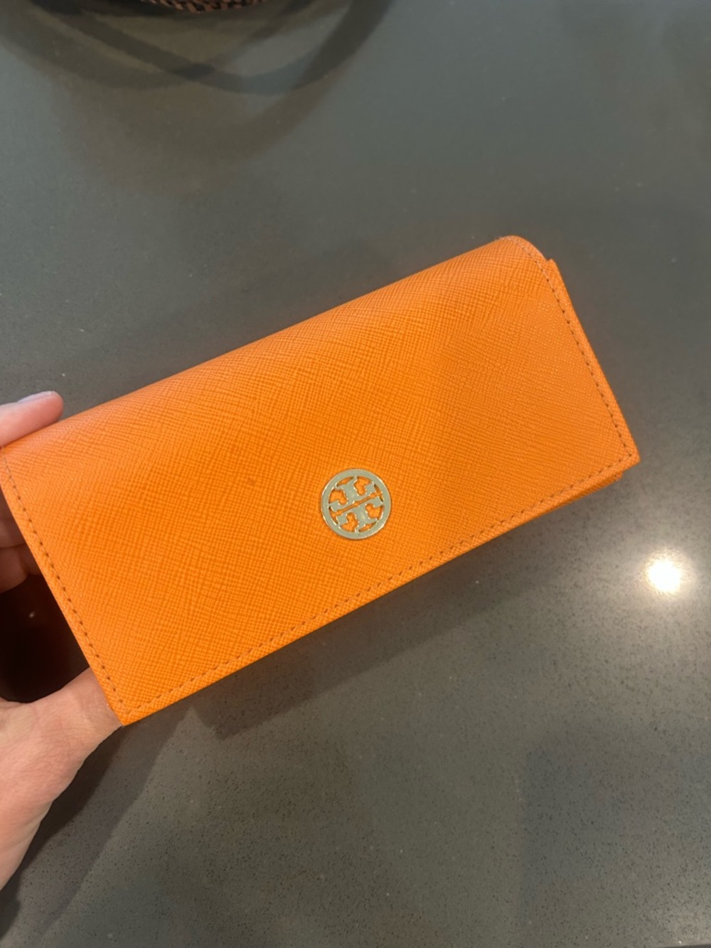 Tory Burch Orange Saffiano Leather Sunglasses Case with Gold Logo